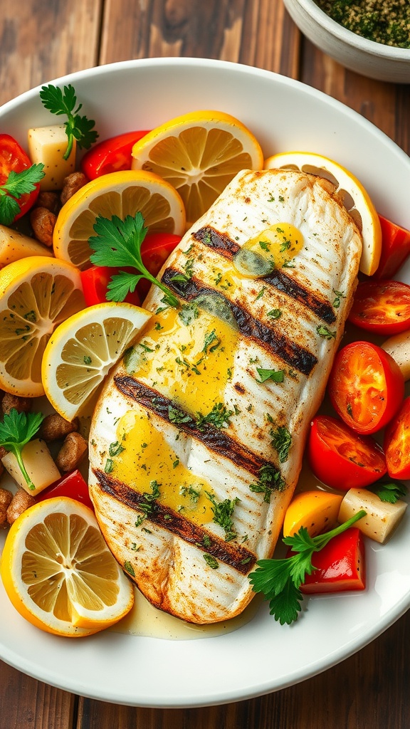Grilled tilapia fillets with lemon and oregano, garnished with parsley and lemon slices, served with colorful vegetables.